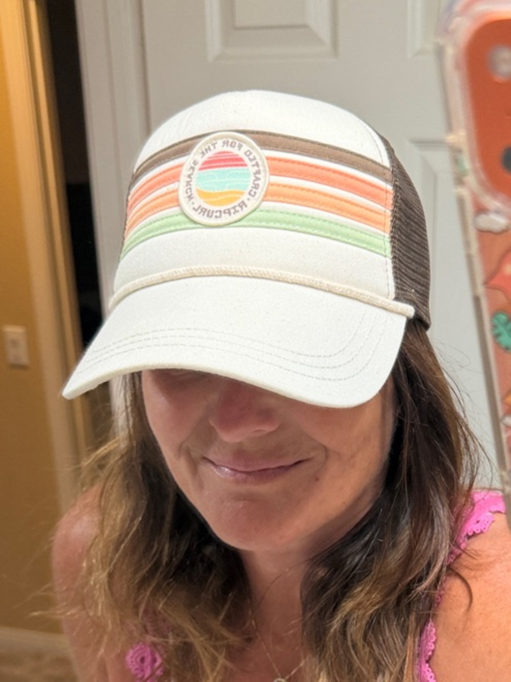 Rip Curl Cream Trucker Hat with Brown Mesh and Orange & Green Stripe Accents